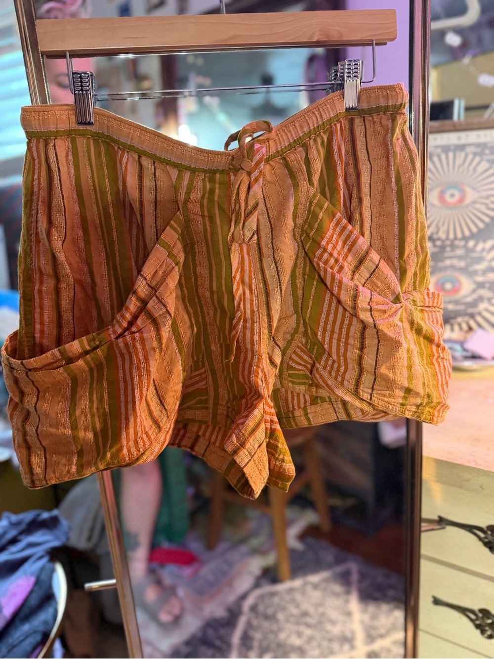 Free People Good Fortune Striped Drawstring Shorts in Olive Green and Mustard